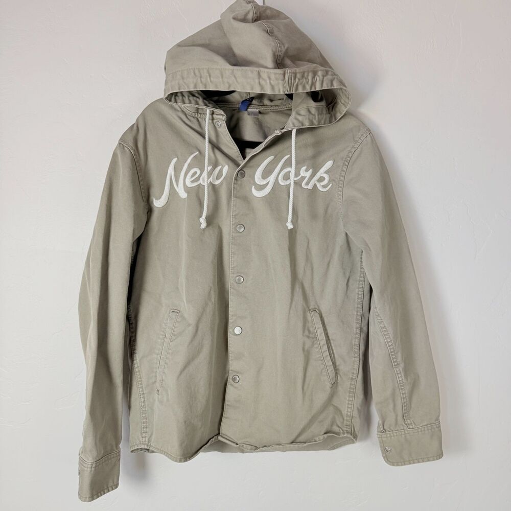 H&M Divided Womens M Green Embroidered New York Metal Snap Cotton Canvas Hoodie